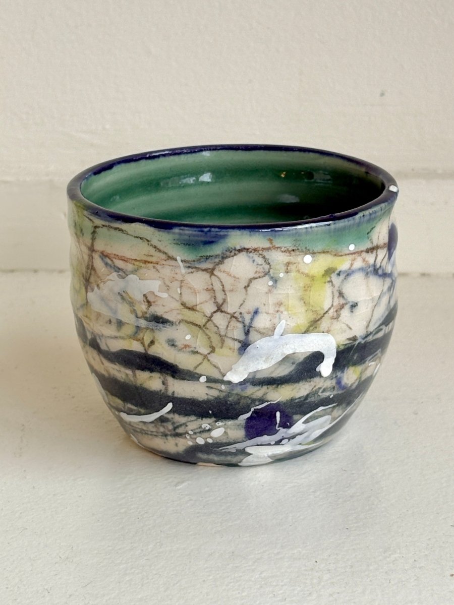 Teal, Navy, Cream & Highlighter Yellow Glazed Interior Decorative Vase (Multiple Styles) - Made X Hudson