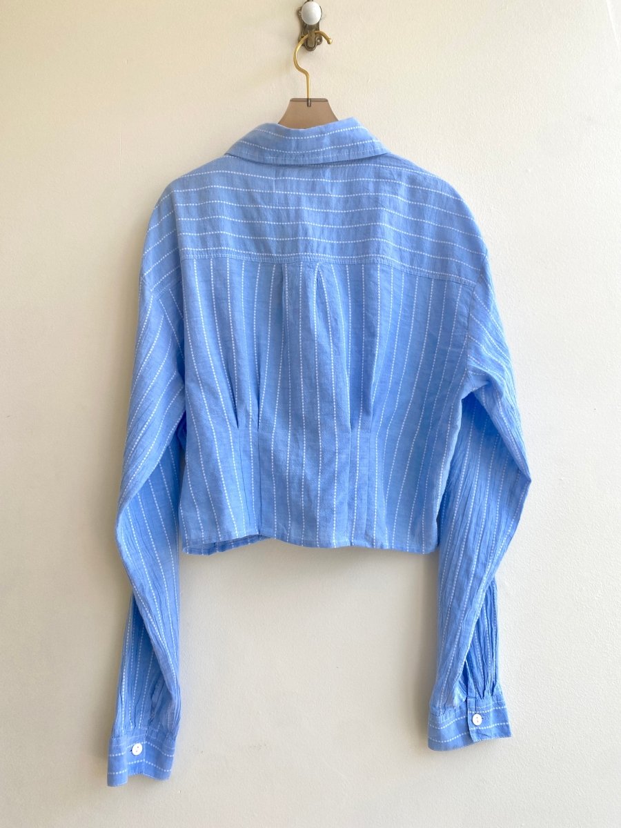 The Kevin Top | Blue Linen Pinstripe Button Down Top w/ Gathered Waist (Reworked) - Made X Hudson