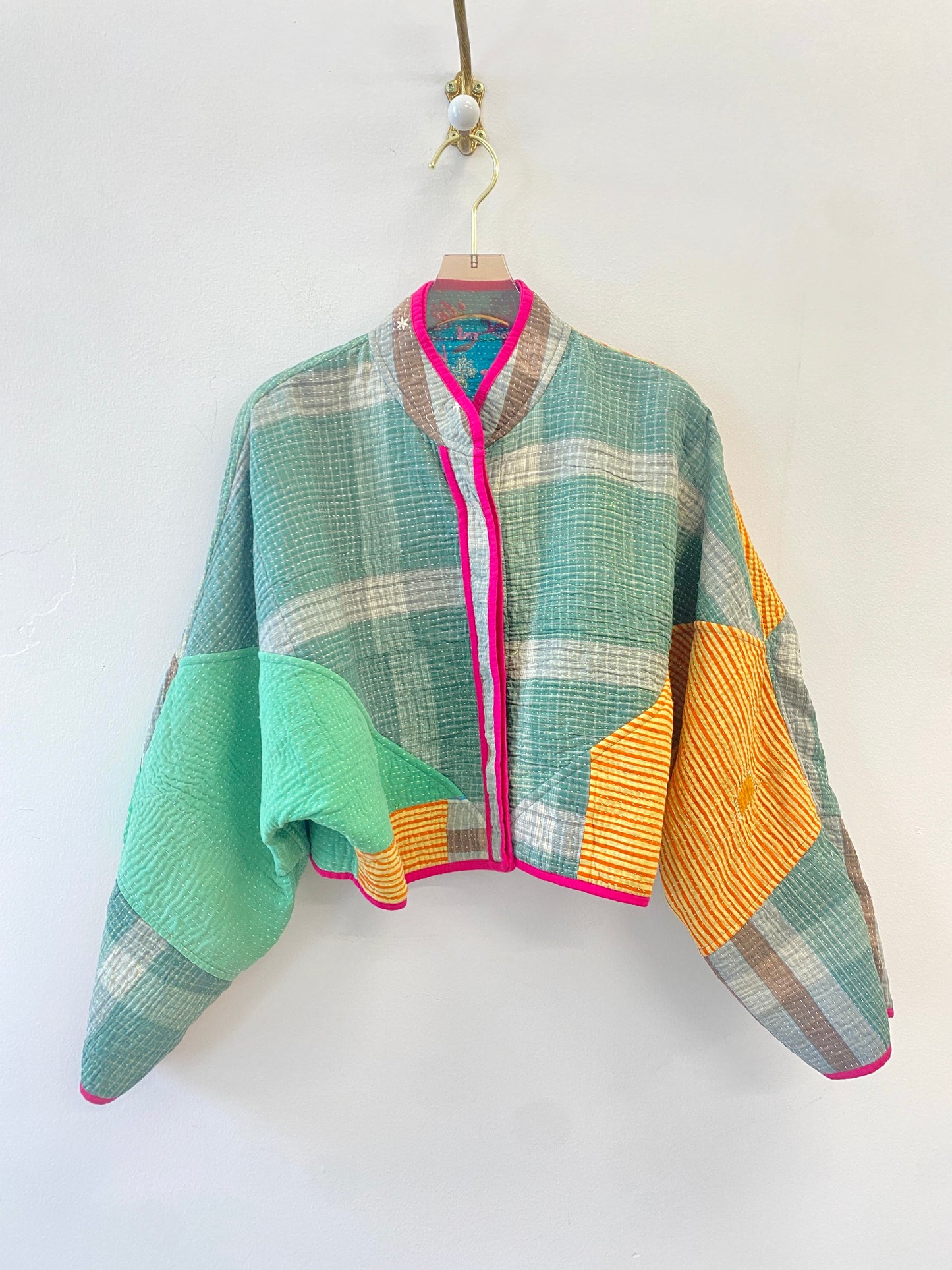 Reversible Kaira Quilted Cropped Jacket in Colors Bright Blue, Hot Pink, Tan, Green & Green, Orange, Yellow