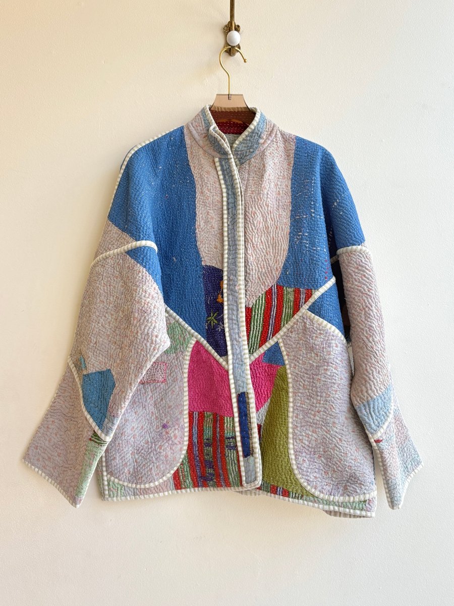 Reversible Ladhiya Quilted Jacket in Colors Sky Blue, Cream, Pink, Green & Multi Colored Patchwork - Made X Hudson