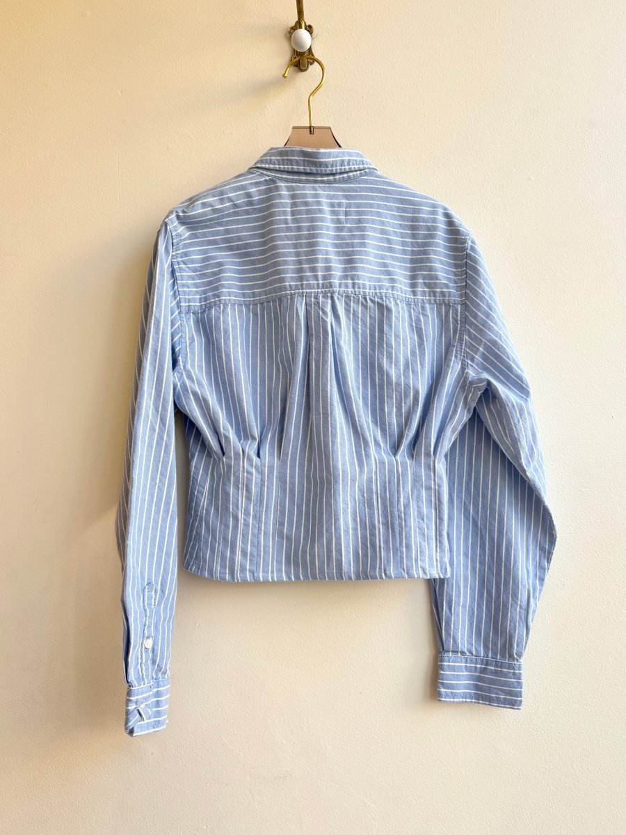 The Kevin Top | Sky Blue & White Stripes Button Down Top w/ Gathered Waist (Reworked) - Made X Hudson