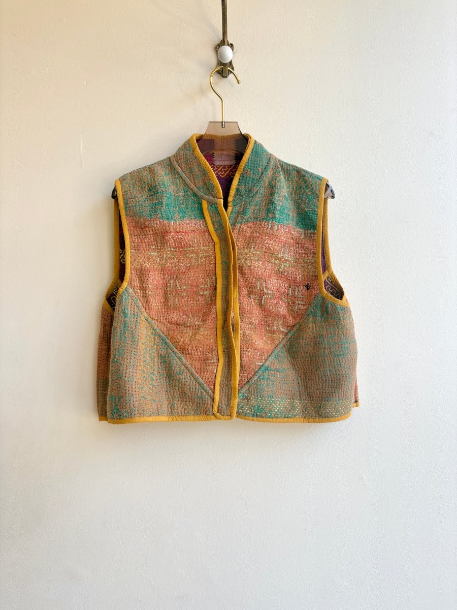 Reversible Kaira Quilted Cropped Vest in Colors Purple, Lime, Mustard & Green, Tan, Orange - Made X Hudson
