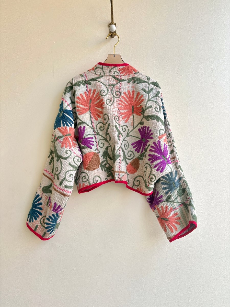 Reversible Kaira Suzani Quilted Cropped Jacket in Colors Cream, Dusty Blue, Salmon, Sage & Gold, Purple, Lavender , Pink - Made X Hudson