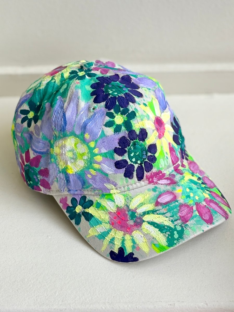 Natural Canvas Hand Painted Neon Purple Flowers Baseball Cap - Made X Hudson