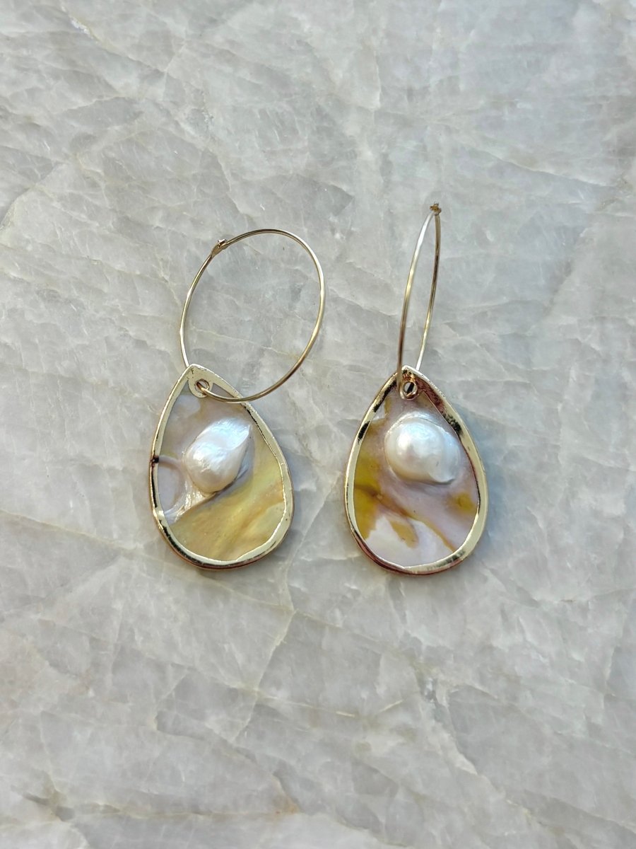 Flat Baroque Pearl Dangler 18k Gold Fill Hoop Earrings (Multiple Types) - Made X Hudson