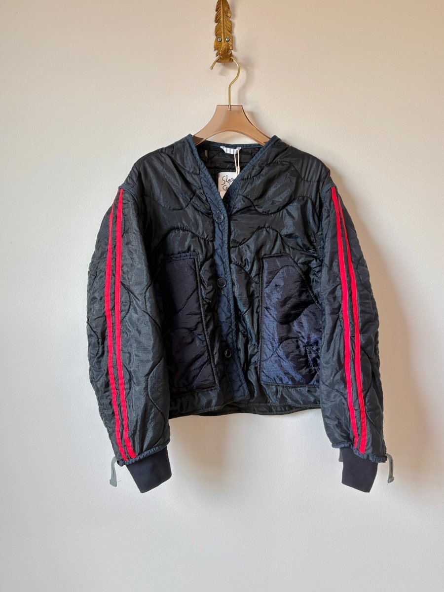 Deep Navy Army Liner Quilted Track Jacket w/ Navy Buttons & Red Striped Sleeves (Reworked) - Made X Hudson