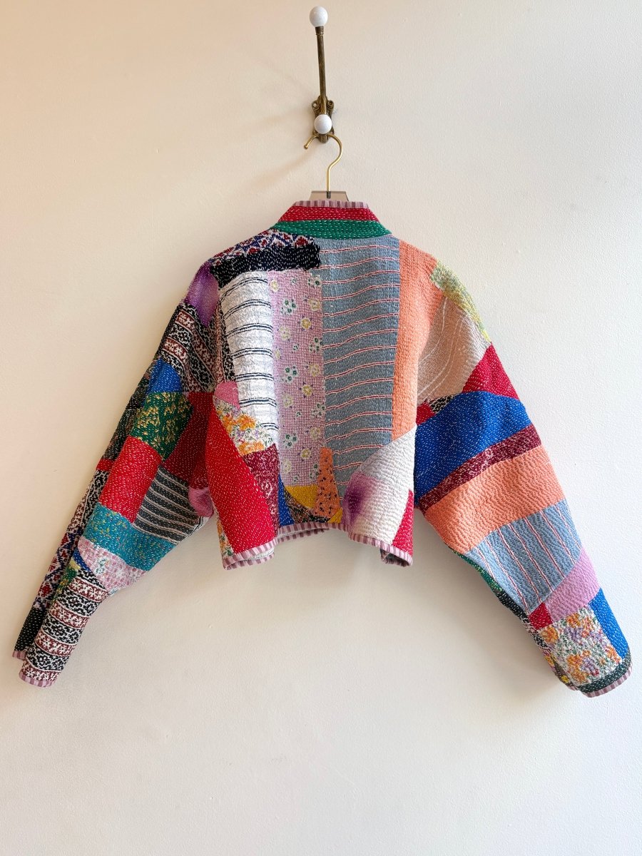 Reversible Kaira Quilted Cropped Jacket in Colors Grey, Ice Blue, Tan, Blush & Multi Colored Patchwork - Made X Hudson