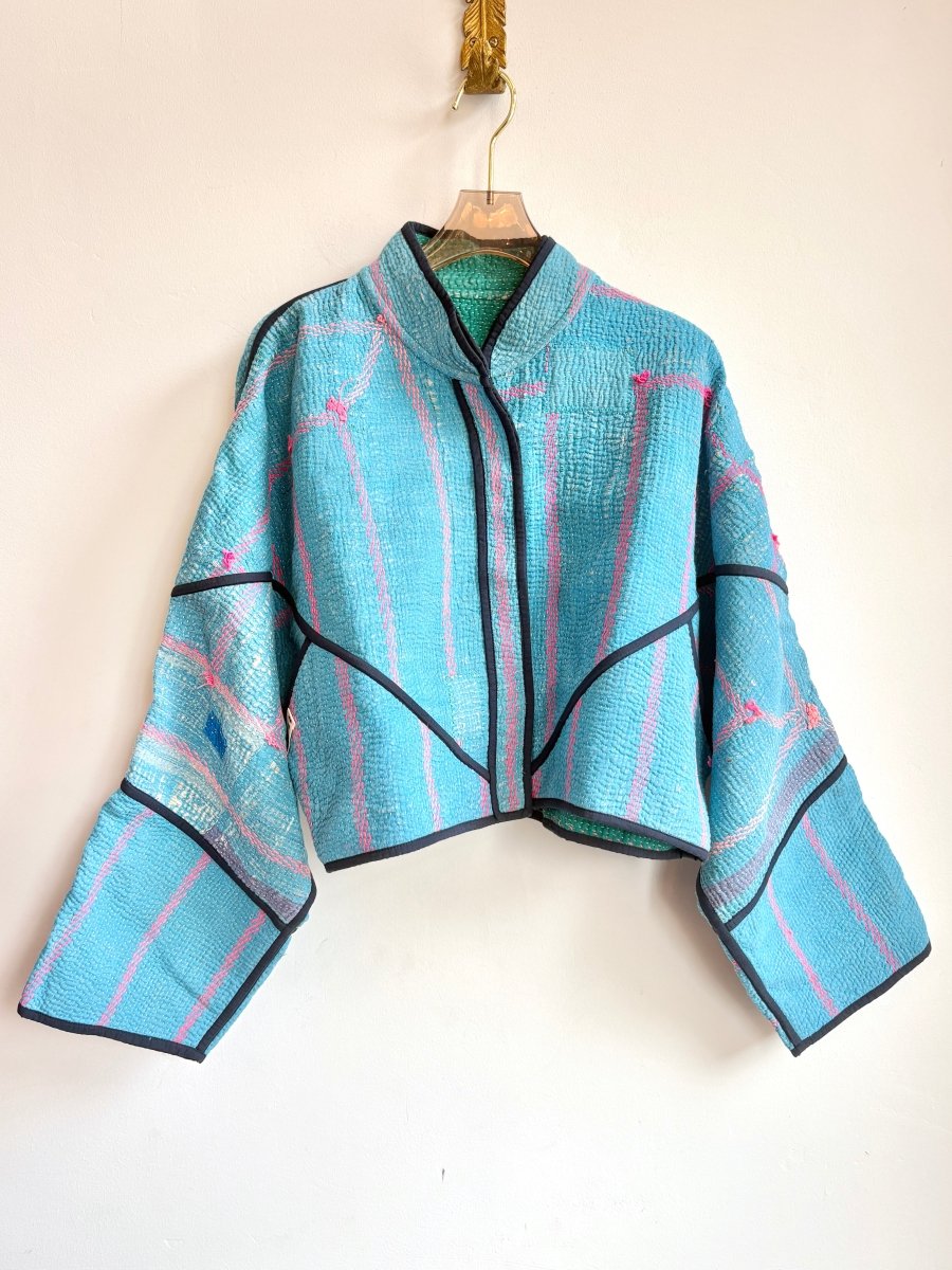 Reversible Kaira Quilted Cropped Jacket in Colors Pool Blue, Hot Pink & Teal, Hot Pink - Made X Hudson