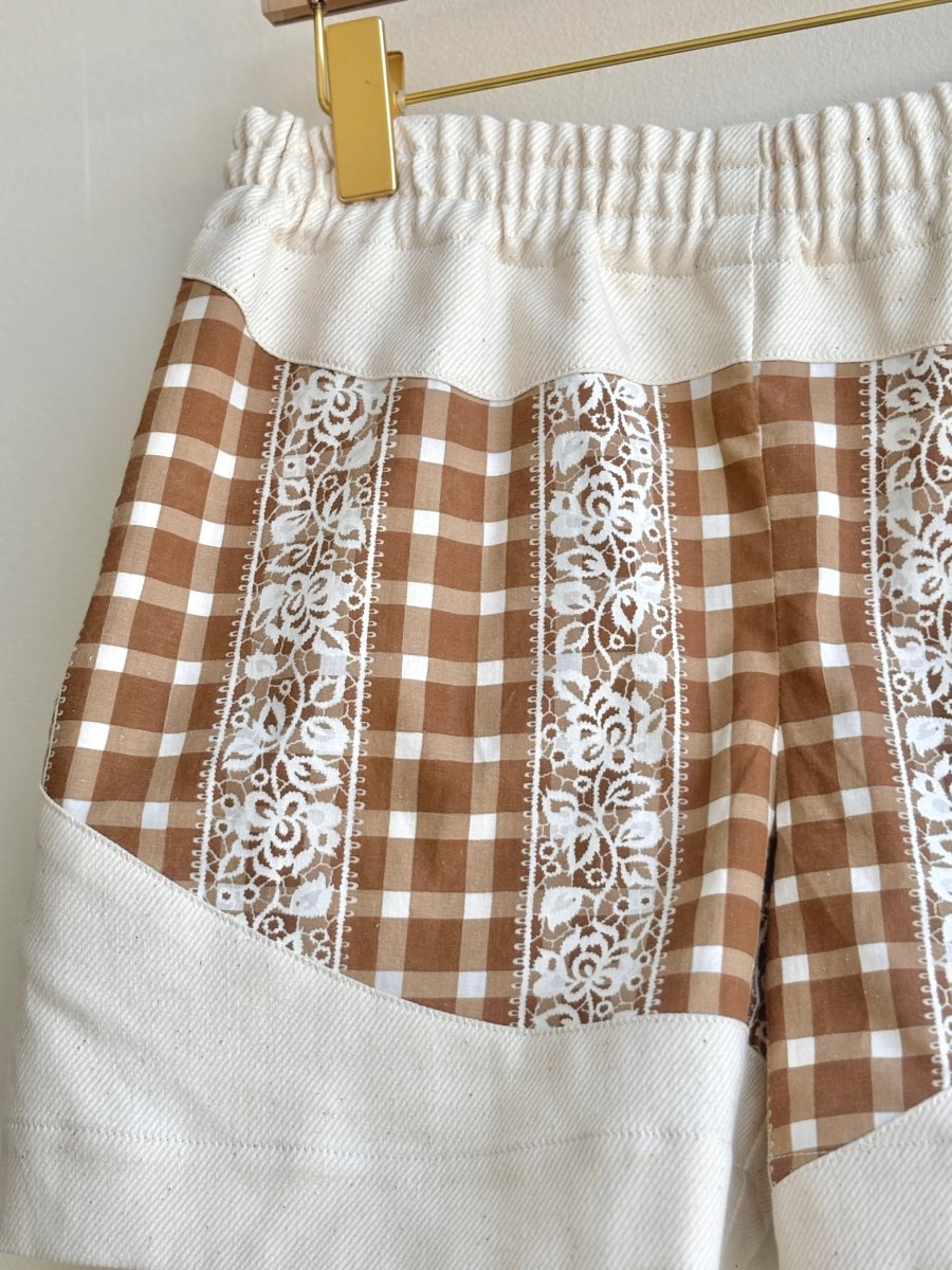 Natural Canvas & Brown Gingham Floral Print Wave Shorts - Made X Hudson