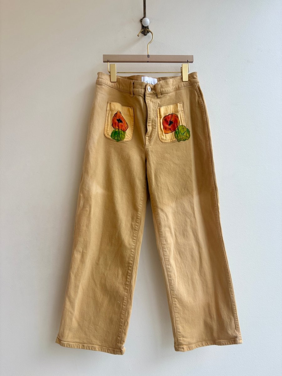 "Honey" Ocher Pants with Poppy Pockets with Embroidery | Hand Painted (Reworked) - Made X Hudson