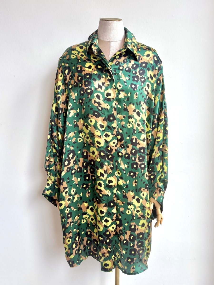 Silk Button Down Long Shirt in Forest Green, Bronze, and Black Floral Print - Made X Hudson