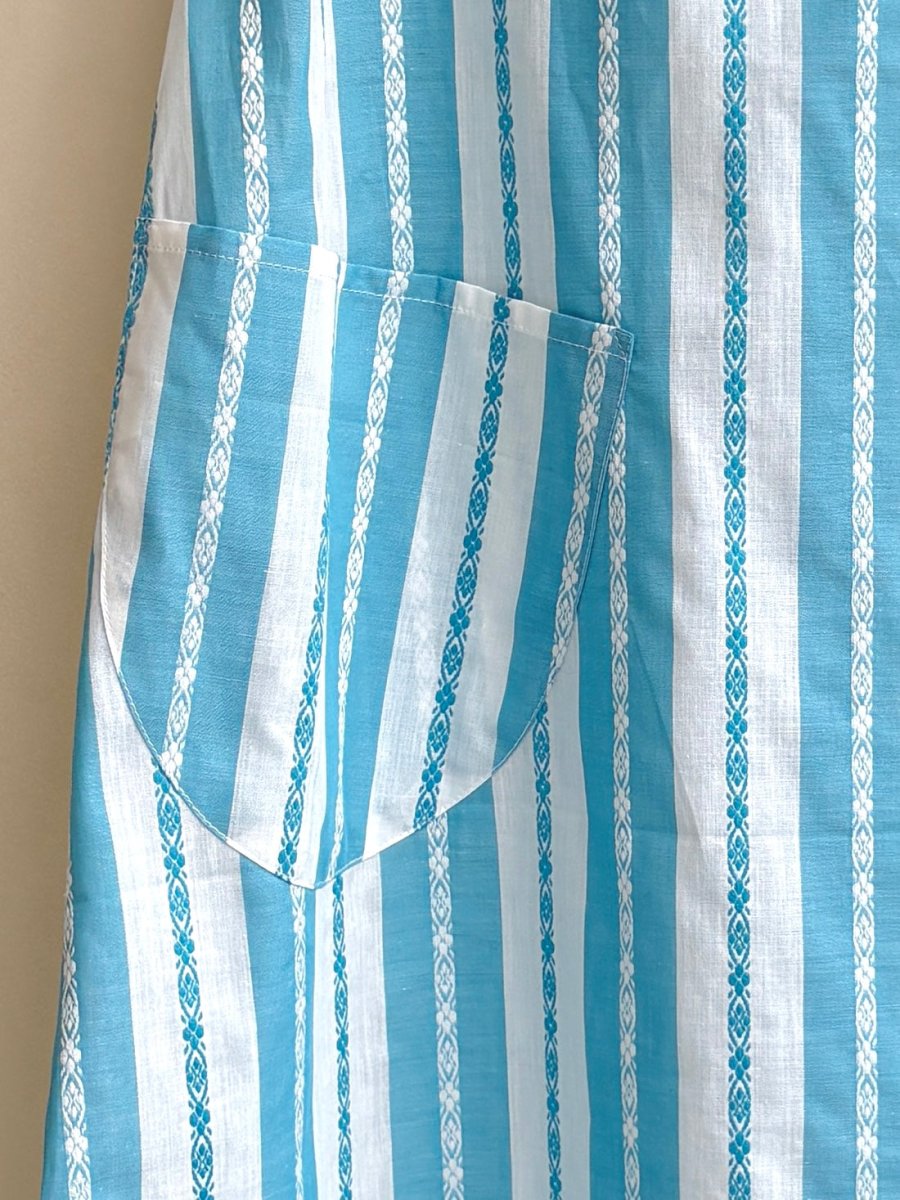 Turquoise & White Wide Stripe Chore Dress w/ Patch Pockets & Flutter Sleeve - Made X Hudson