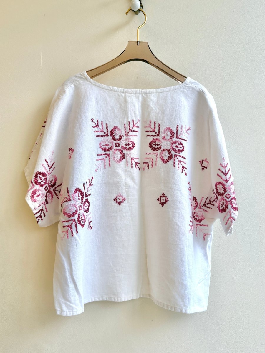 Magenta and Baby Pink Cross Stitch V - Neck | Picnic Top - Made X Hudson