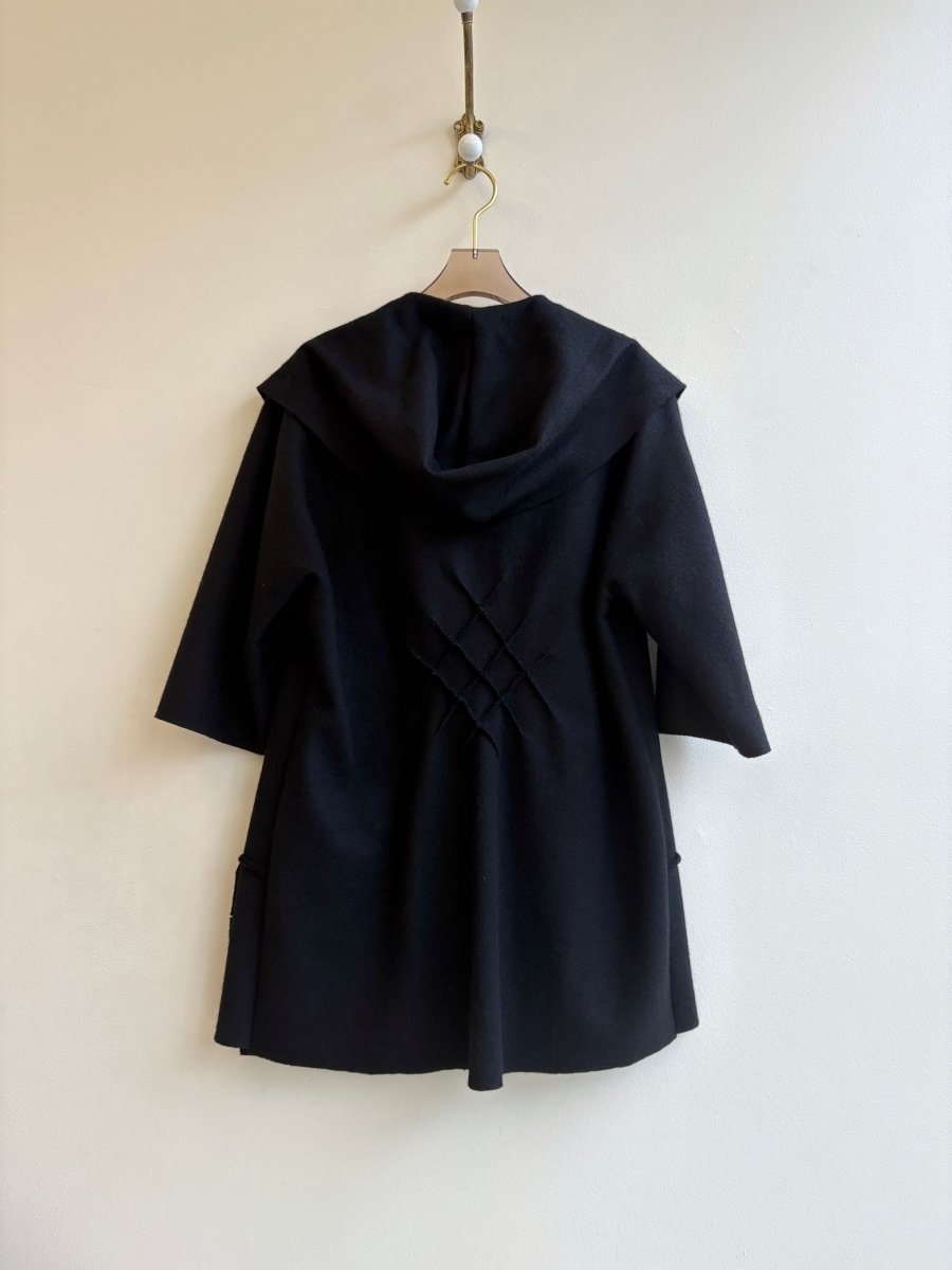 Black Wool | Hooded Over Coat w/ Pockets & 3/4 Sleeve - Made X Hudson