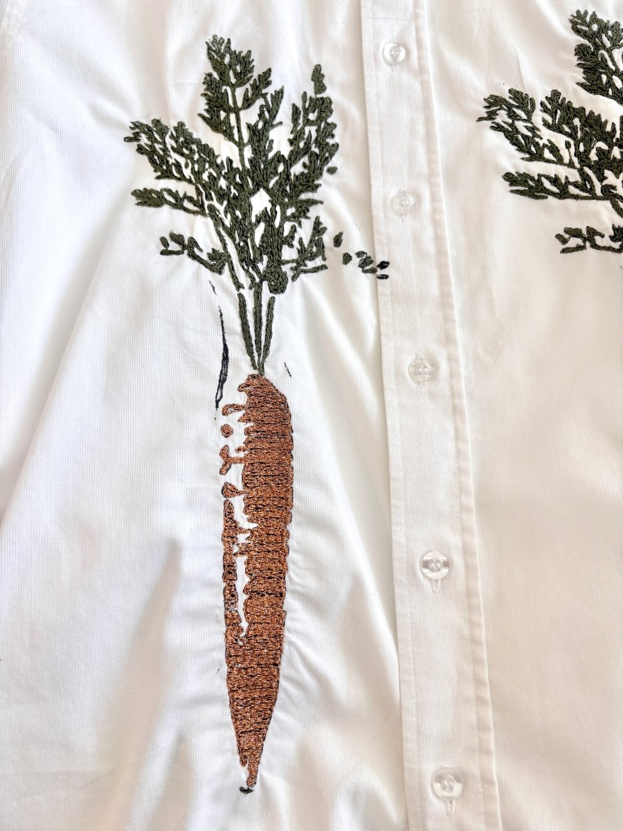 “Dot” White with Green and Orange Embroidered & Stamped Carrot Print Shirt (Reworked) - Made X Hudson
