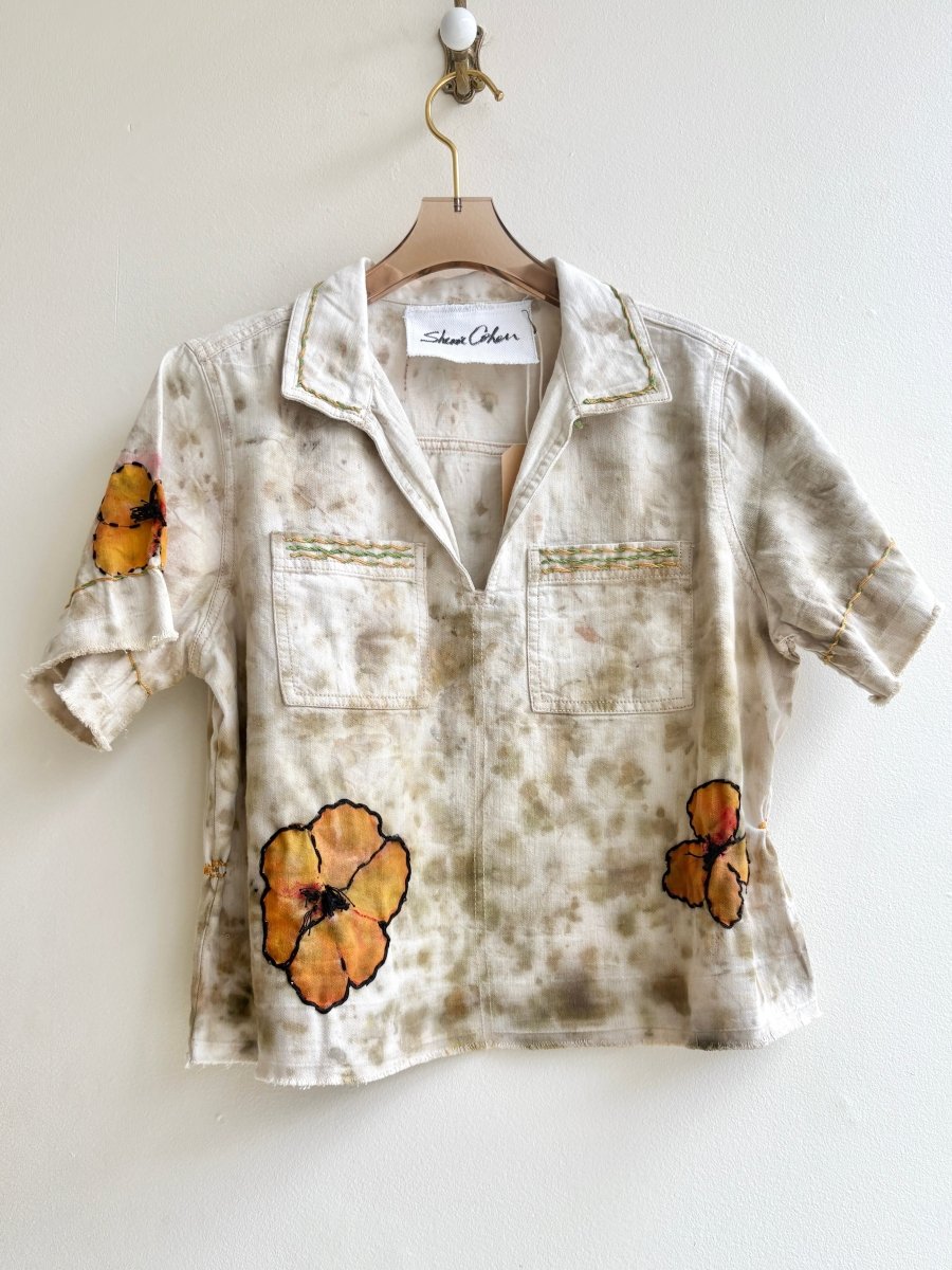 Tangerine and Sage Embroidered Denim Short Sleeve Top (Reworked) - Made X Hudson
