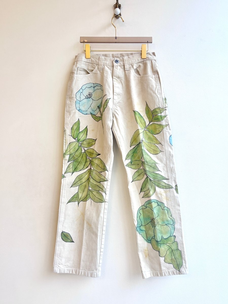 Blue Floral & Green Eco Printed, Painted & Hand Drawn Pants (Reworked) - Made X Hudson