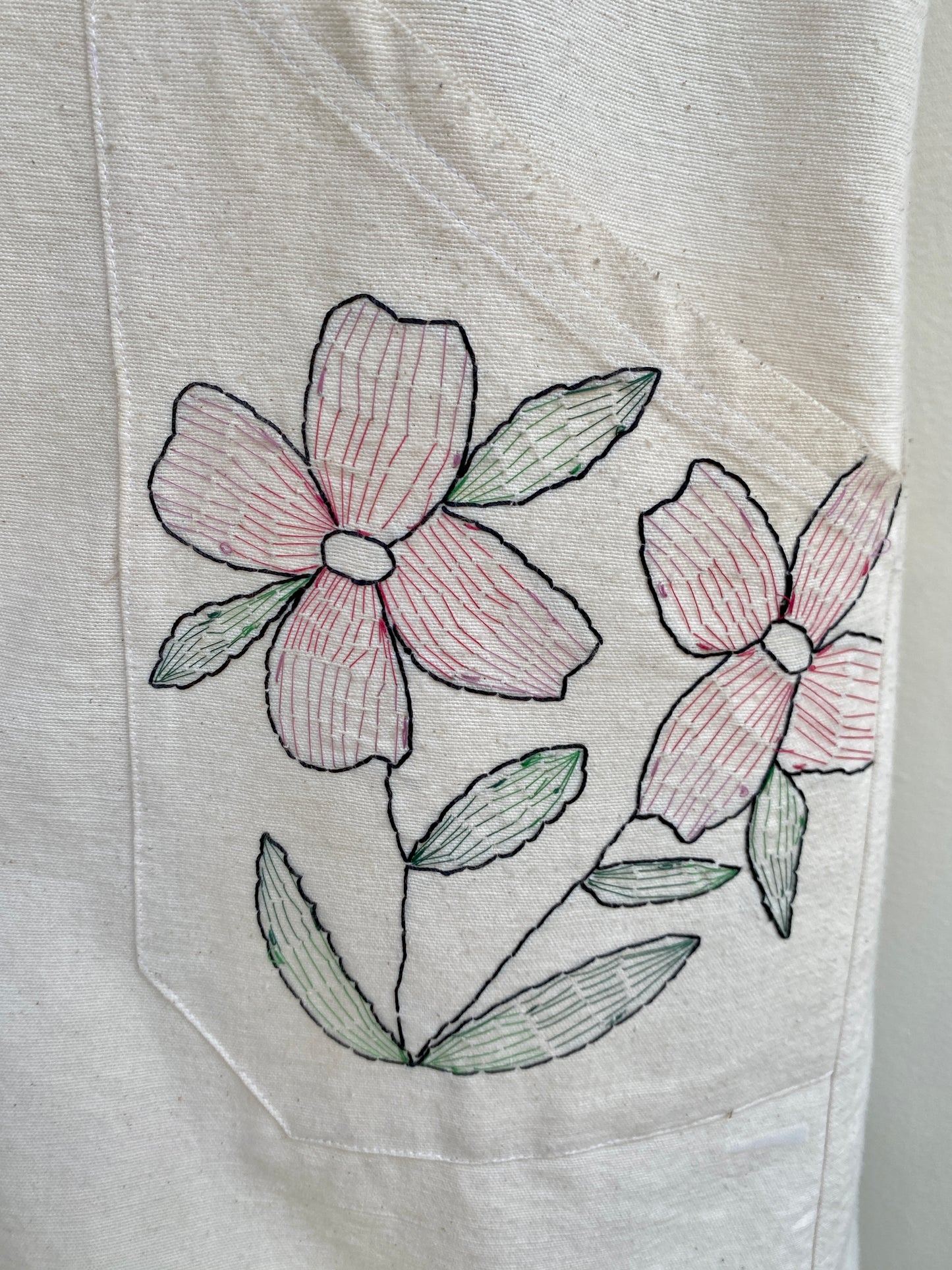 White Organic Linen Hand Embroidered Pinafore Apron w/ Pink & Green Flowers