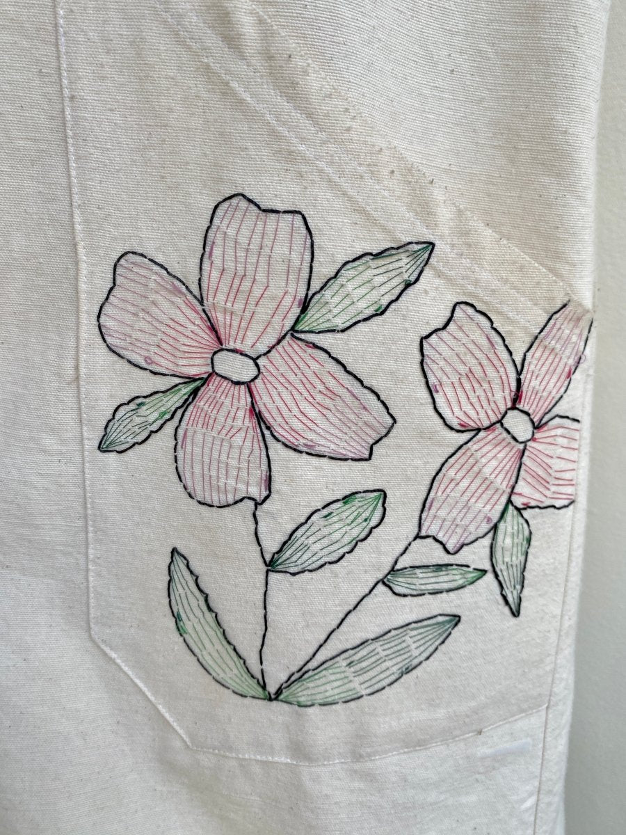 White Organic Linen Hand Embroidered Pinafore Apron w/ Pink & Green Flowers - Made X Hudson