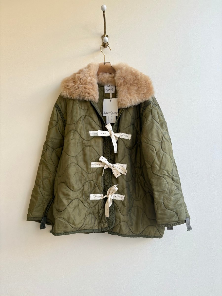 Olive Green Army Liner Quilted Coat w/ Cream Alpaca Fur Collar & Twill Tape Ties (Reworked) - Made X Hudson