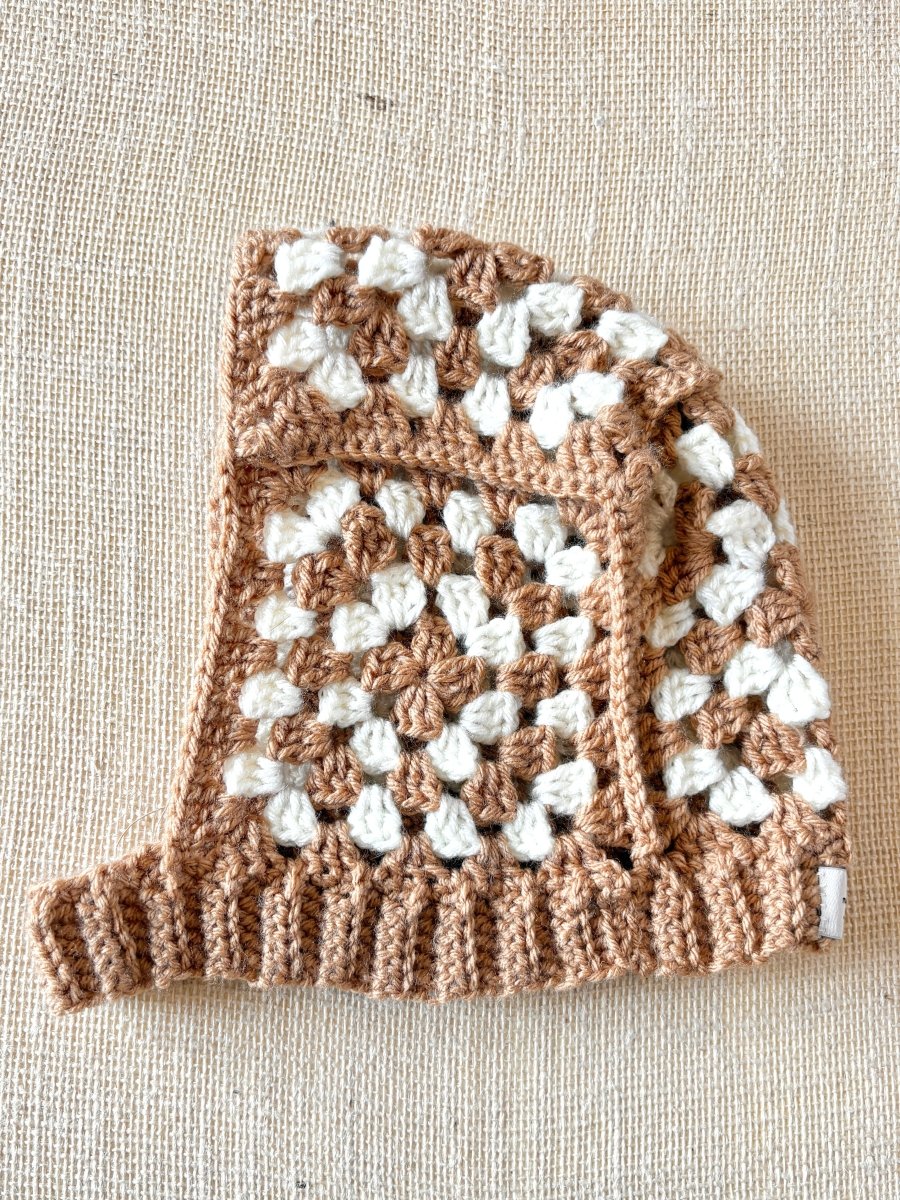Camel and Cream Granny Square Bonnet with Ribbed Neck | Crocheted - Made X Hudson