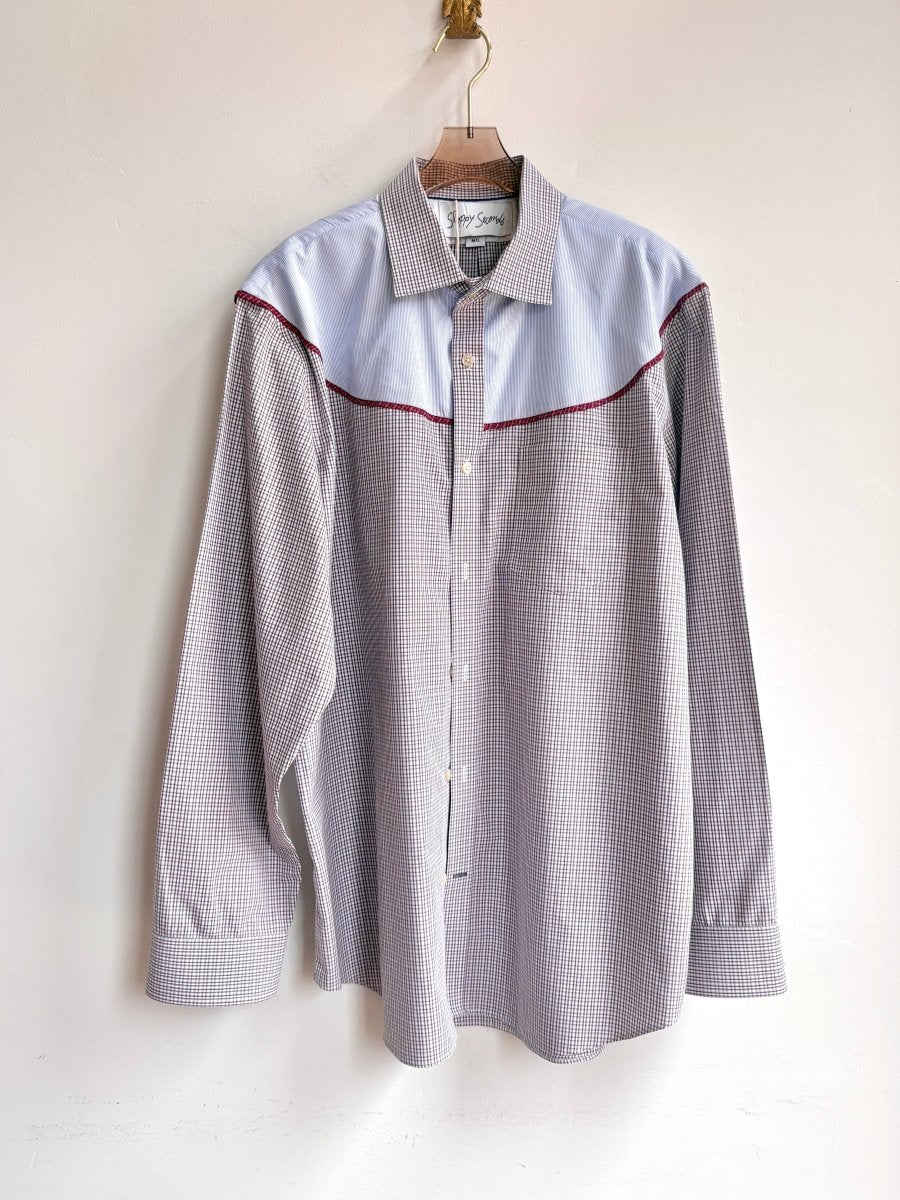 The Austin Top | Blue & Red Plaid Button Down w/ Blue Micro Stripe Shoulder Accent (Reworked) - Made X Hudson