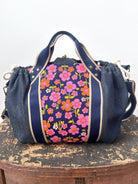 Mini Cross - Body Duffel Bag in Denim and Pink Retro Flowers w/ Navy Webbing - Made X Hudson
