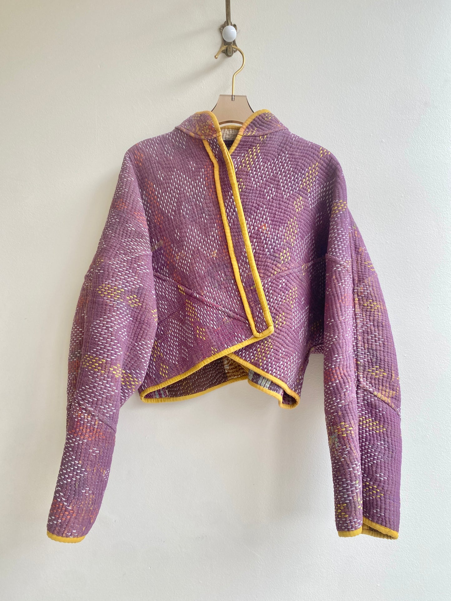 Reversible Kaira Quilted Cropped Jacket in Colors Peach, Pink Patchwork & Purple w/ Mustard Piping