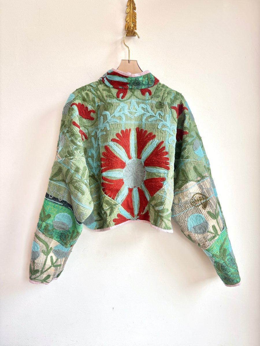Reversible Suzani Quilted Cropped Jacket in Colors Emerald, Forest, Rust, Light Mauve & Olive, Rust, Beige, Light Blue - Made X Hudson