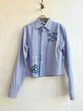 Indigo Quilt Checker Blue Stripe Crop Button-Up | Hand Painted (Reworked) - Made X Hudson