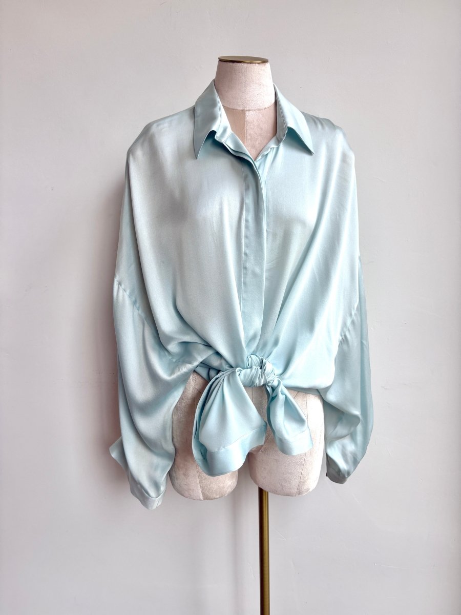 Silk Button Down Long Shirt in Soft Aqua - Made X Hudson