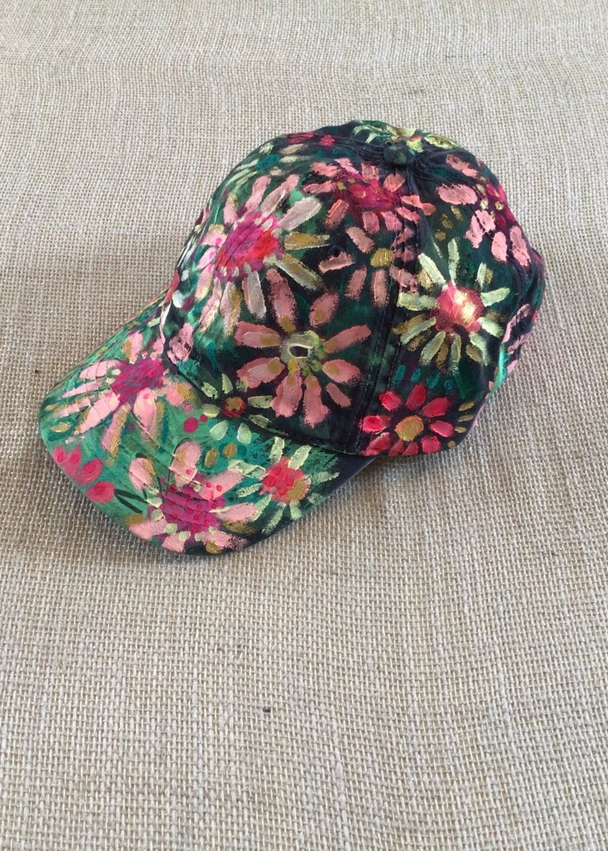 Grey Hand Painted Pink Flowers Baseball Cap - Made X Hudson