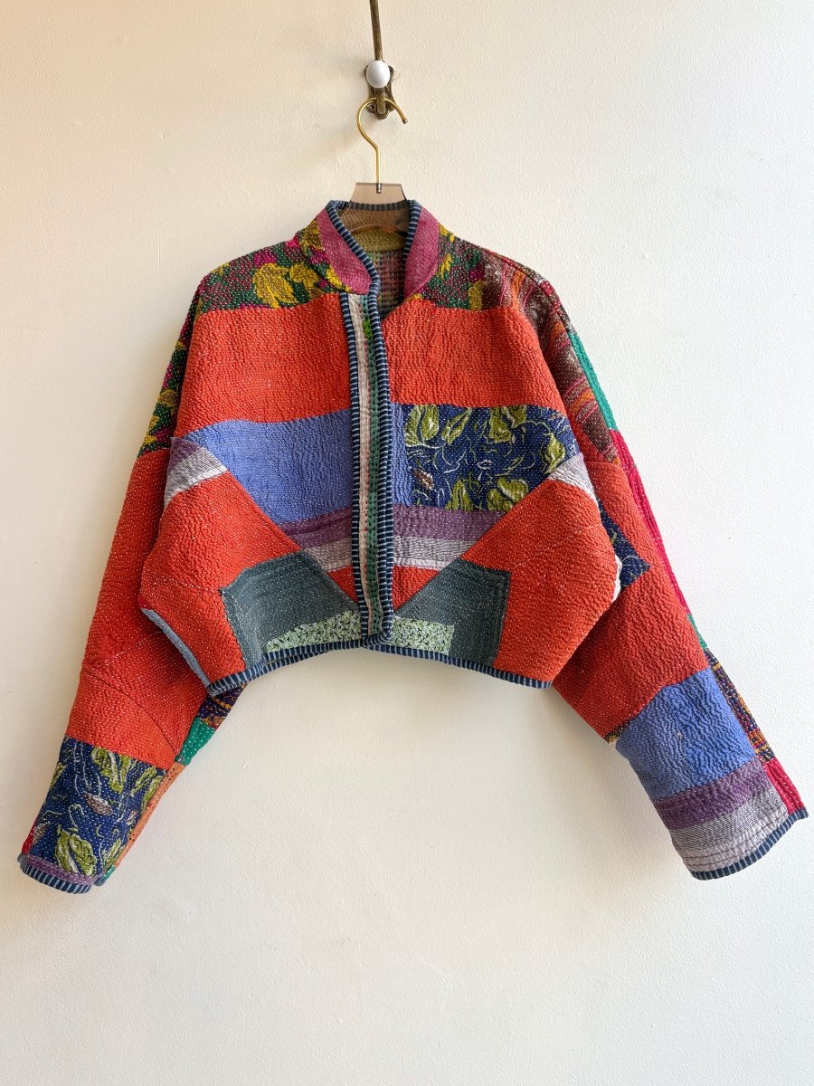 Reversible Kaira Quilted Cropped Jacket in Colors Ocher, Midnight, Violet & Citron, Copper, Red Patchwork - Made X Hudson
