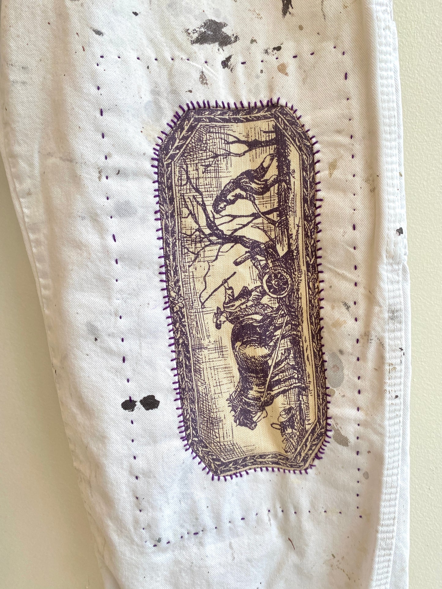 Hand Stitched Farm Life & Butterfly Patches Pants w/ Cracker Jack Charm (Reworked)