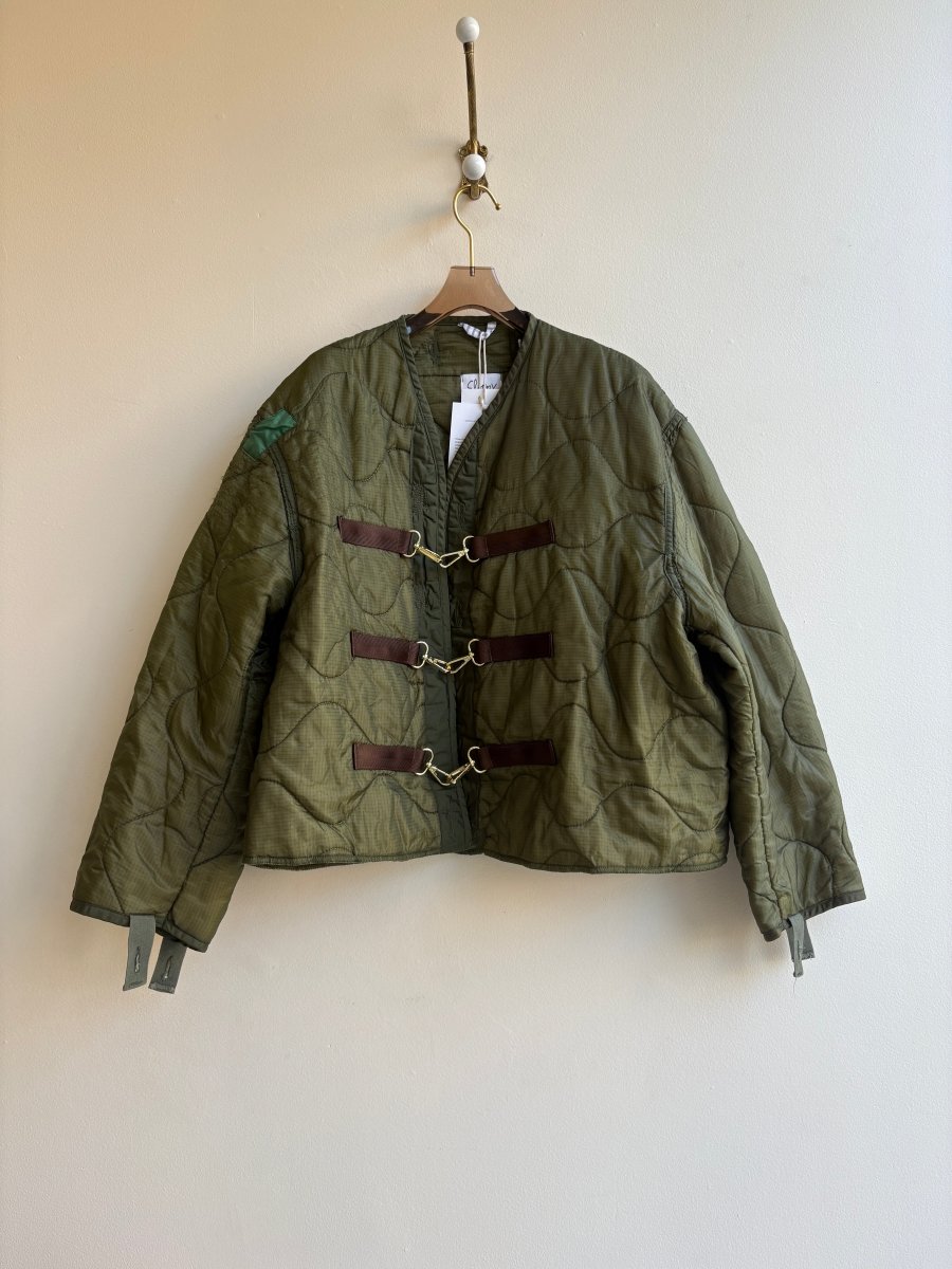 Olive Green Patched Army Liner Quilted Coat w/ Brown Canvas & Gold - tone Clasps (Reworked) - Made X Hudson