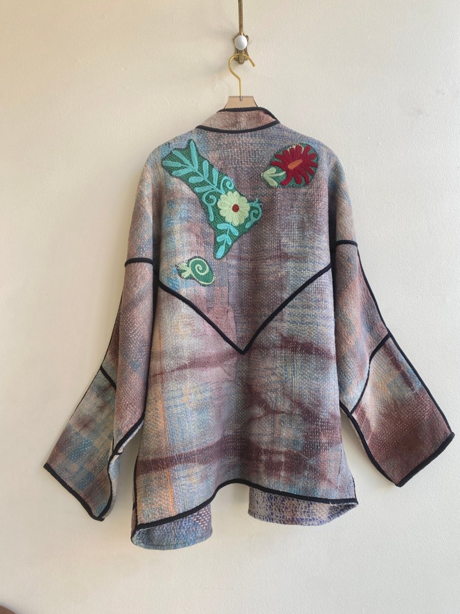Reversible Ishani Quilted Jacket in Colors Mauve, Blue, & Purple w/ Flower Embroidered Patch - Made X Hudson