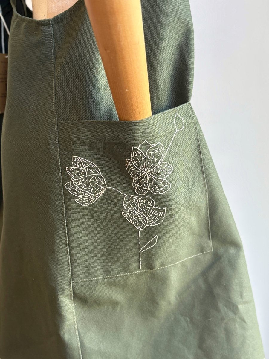 Army Green Cotton Canvas Hand - Embroidered Pinafore Apron - Made X Hudson