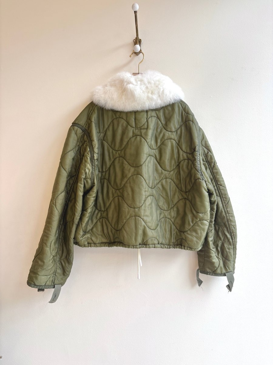 Mixed Olive Army Liner Quilted Coat w/ White Alpaca Fur Collar, White Buttons, & Drawstring (Reworked) - Made X Hudson