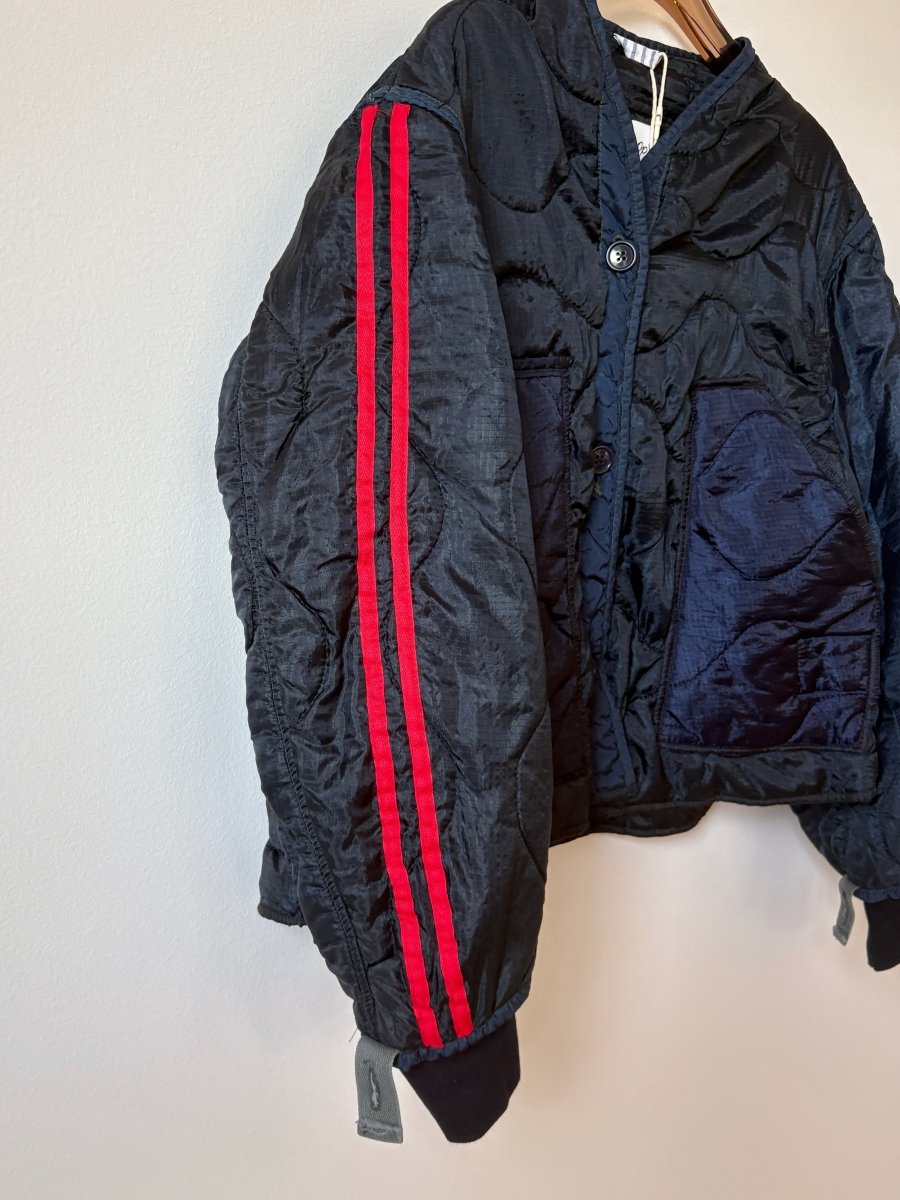 Deep Navy Army Liner Quilted Track Jacket w/ Navy Buttons & Red Striped Sleeves (Reworked) - Made X Hudson