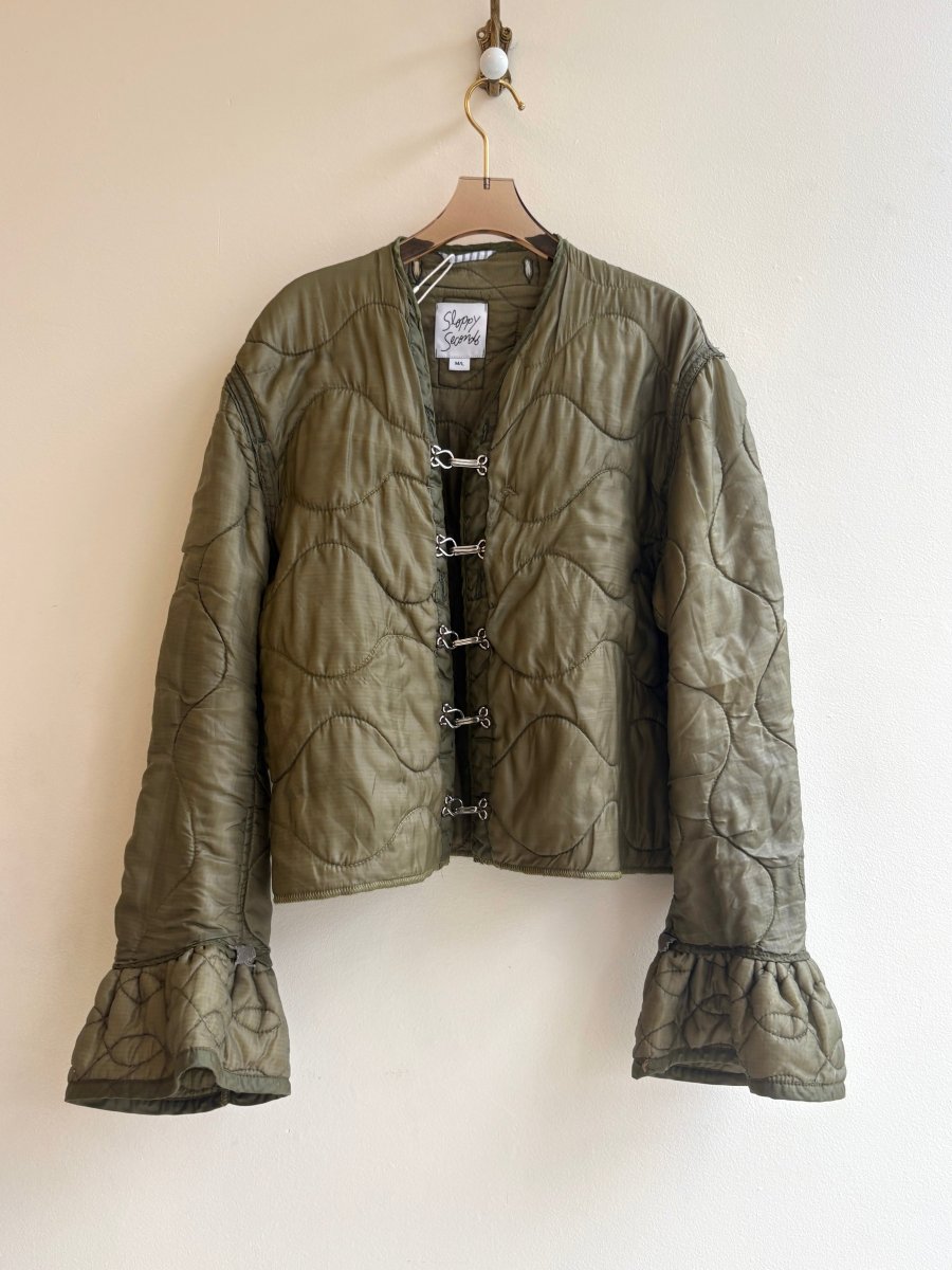 Olive Army Liner Quilted Coat w/ Silver Hook & Eye Front and Ruffle Cuff (Reworked) - Made X Hudson