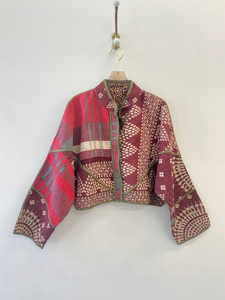 Reversible Kaira Quilted Cropped Jacket in Colors Olive, Red Plaid, & Wine - Made X Hudson