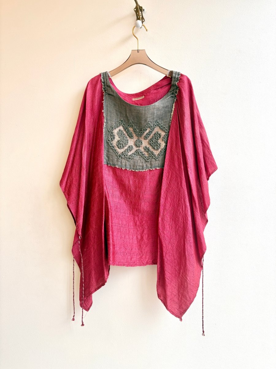 2D Vestment Hand Embroidered Smock Cape with Baltic X Design and Ties | White Linen and Grey Cotton - Made X Hudson