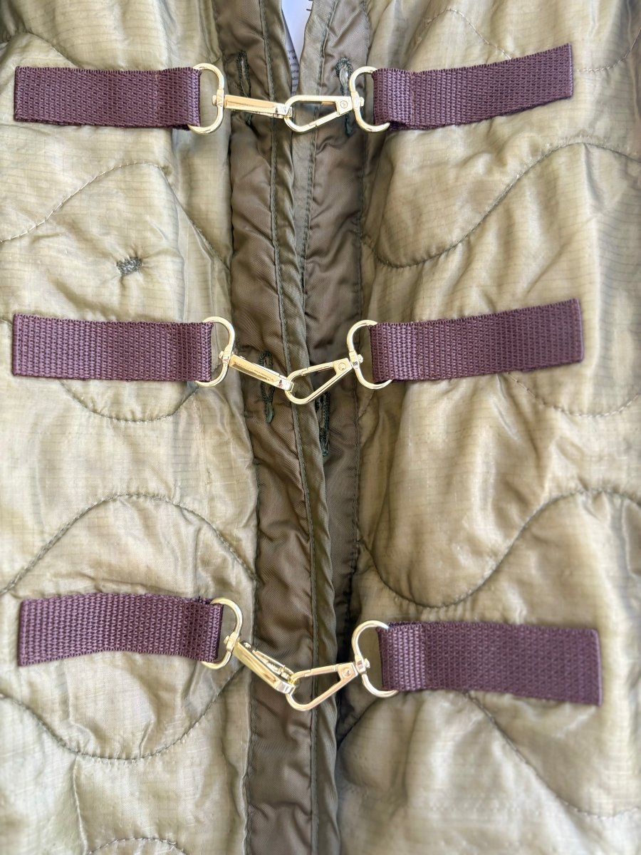 Olive Green Army Liner Quilted Coat w/ Brown Canvas & Gold - Tone Clasps (Reworked) - Made X Hudson