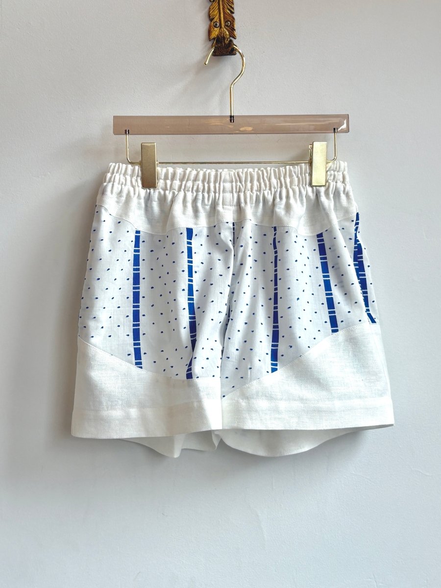 White & Blue Wide Stripe Polka Dot Wave Shorts - Made X Hudson