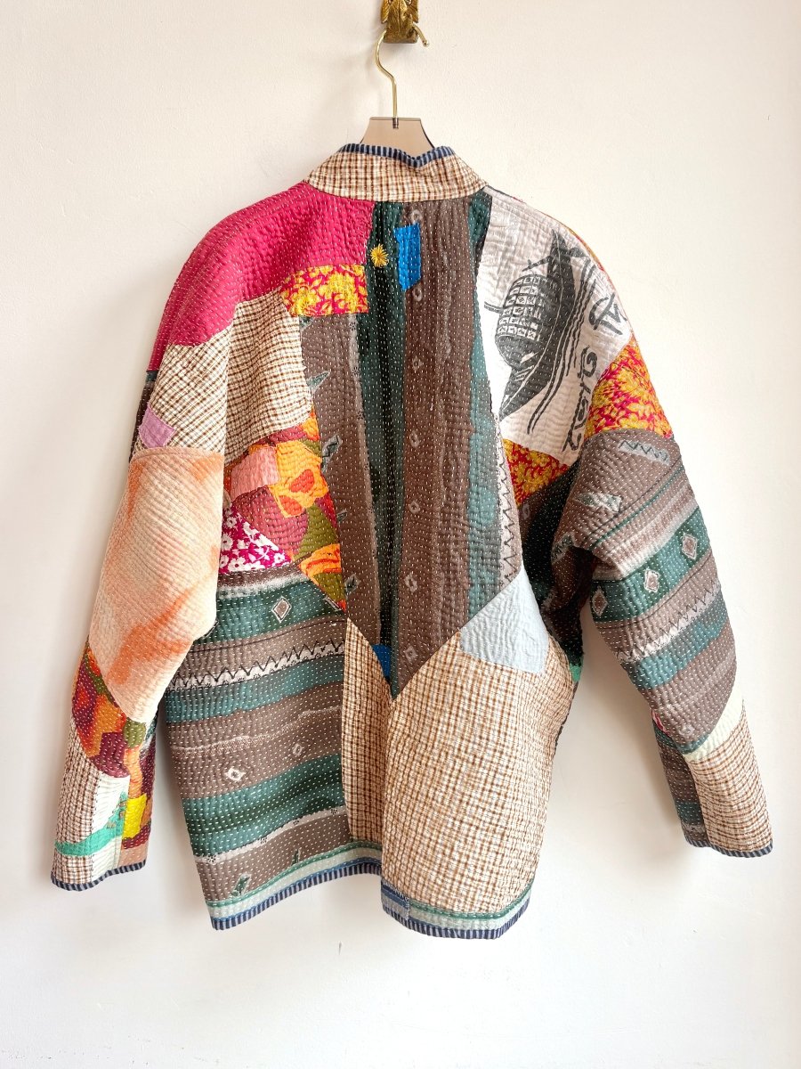 Reversible Ladhiya Quilted Jacket in Colors Pale Blue, Navy, Mint, Cream & Multi - Colored Patchwork - Made X Hudson