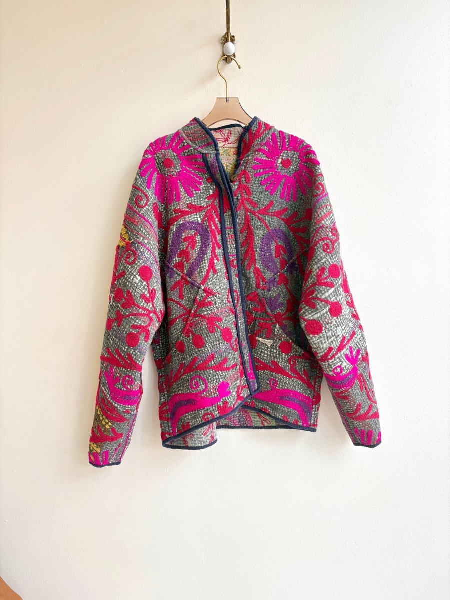 Reversible Ladhiya Suzani Quilted Jacket in Colors Sage, Hot Pink, Mustard, Grey & Grey, Red, Hot Pink, Salmon - Made X Hudson