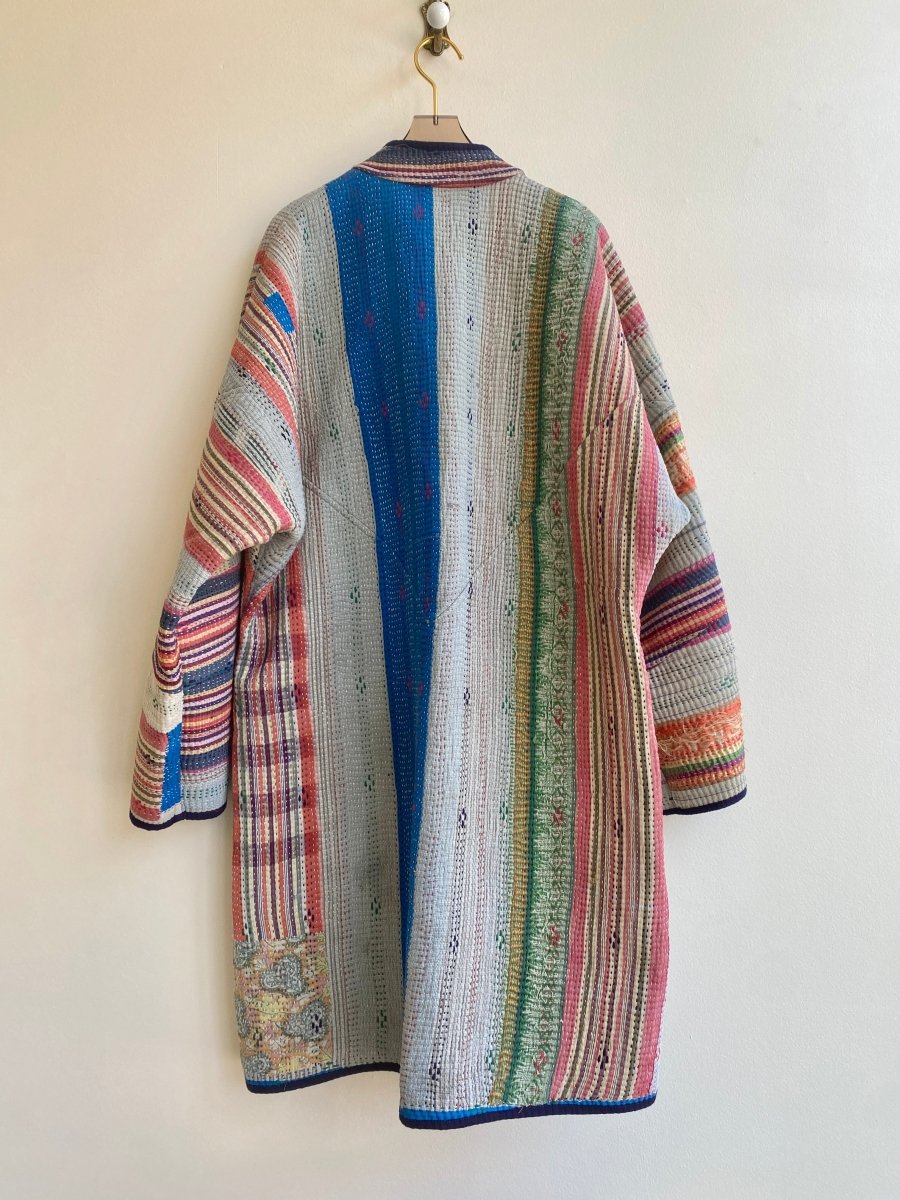 Reversible Long Trench Quilted Jacket in Orange, Tan, Blue Stripes & Green, Blue, Orange - Made X Hudson