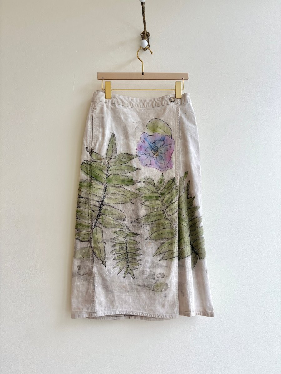 Canvas Eco - Printed & Hand Drawn Wrap Skirt w/ Purple & Blue Flowers (Reworked) - Made X Hudson