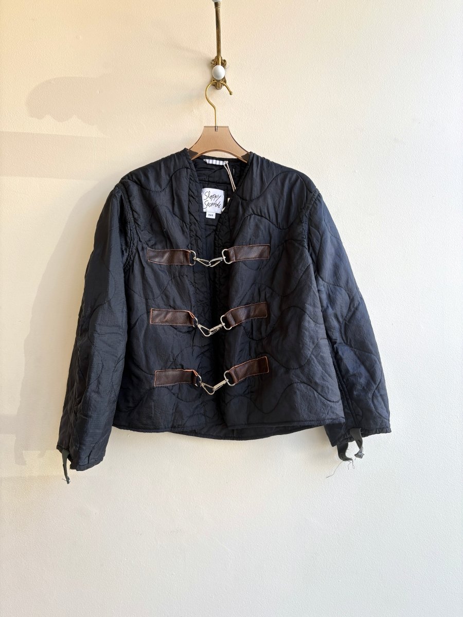 Deep Navy Army Liner Quilted Coat w/ Brown Leather & Silver - tone Clasps (Reworked) - Made X Hudson