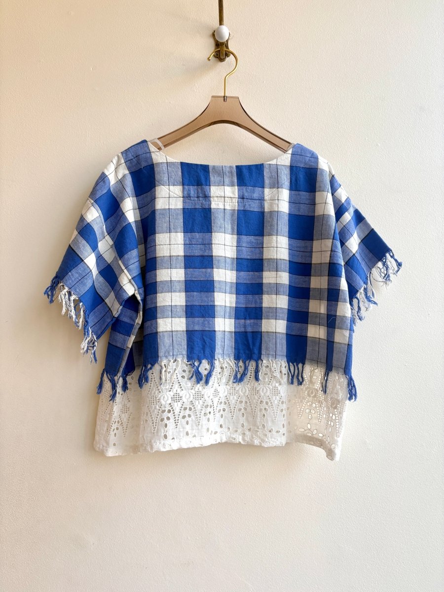 Blue and White Broad Checker Box Top with Eyelet Trim - Made X Hudson
